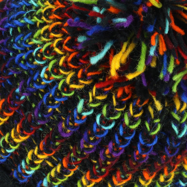 Wool Knit Beanie Bobble Hat - Black Rainbow