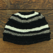 Hand Knitted Wool Beanie Hat - Stripe Black Cream