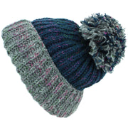 Wool Knit Beanie Bobble Hat - Navy & Dark Grey