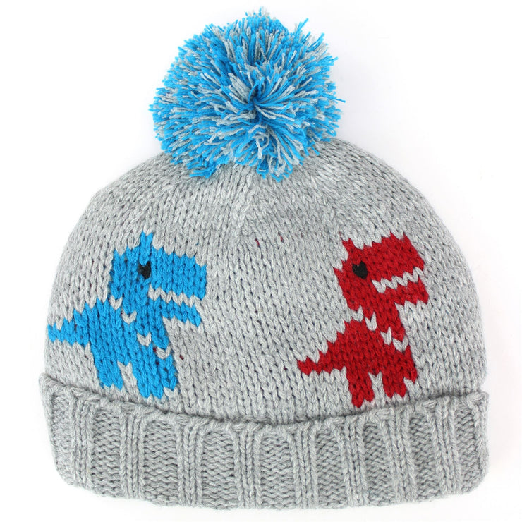 Children's Dinosaur Beanie Bobble Hat - Grey