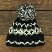 Hand Knitted Wool Beanie Bobble Hat - Fairisle Black