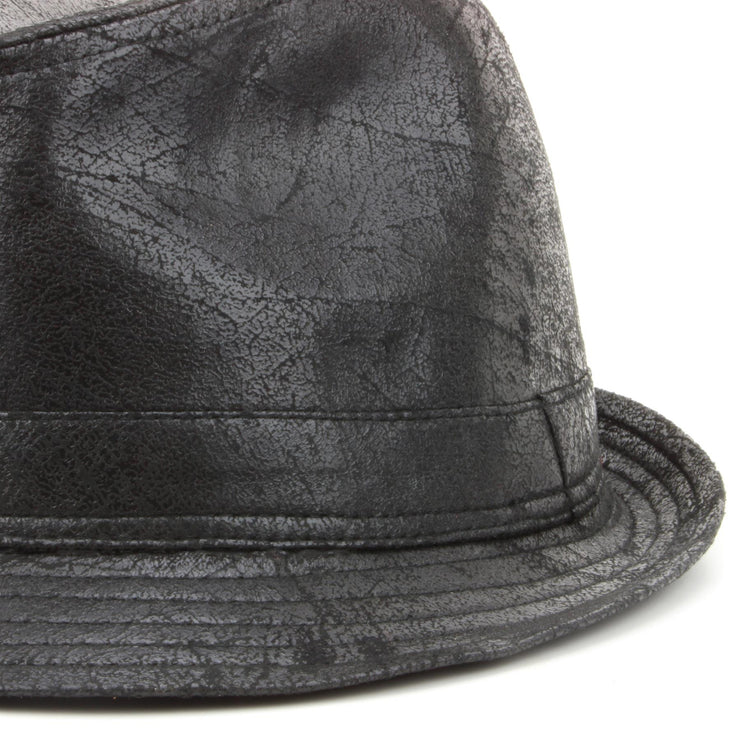 Vintage Effect Cracked Leather Trilby Hat - Black