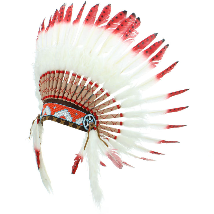 Native Amercian Chief Headdress - Red with Black Spots (White Fur)