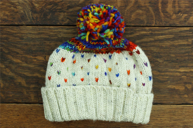 Hand Knitted Wool Beanie Bobble Hat - Tik Tik Cream