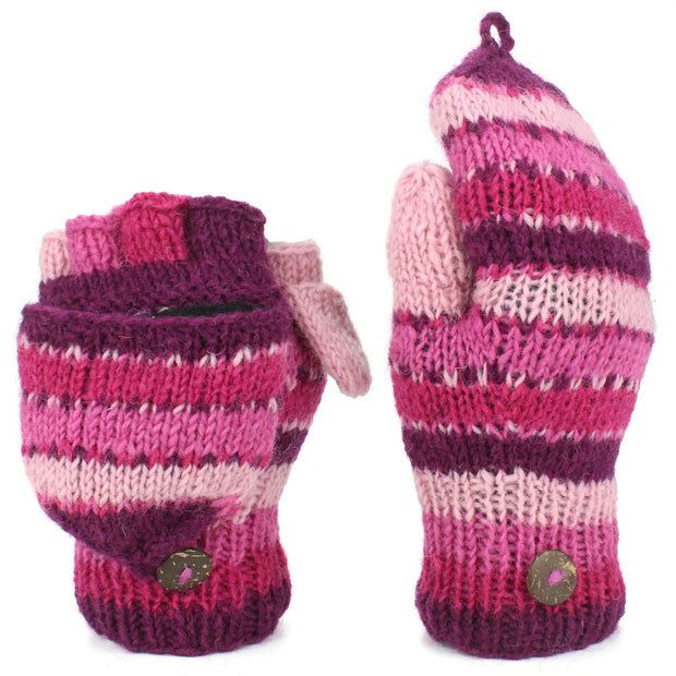 Chunky Wool Knit Fingerless Shooter Gloves - Stripe - Pink