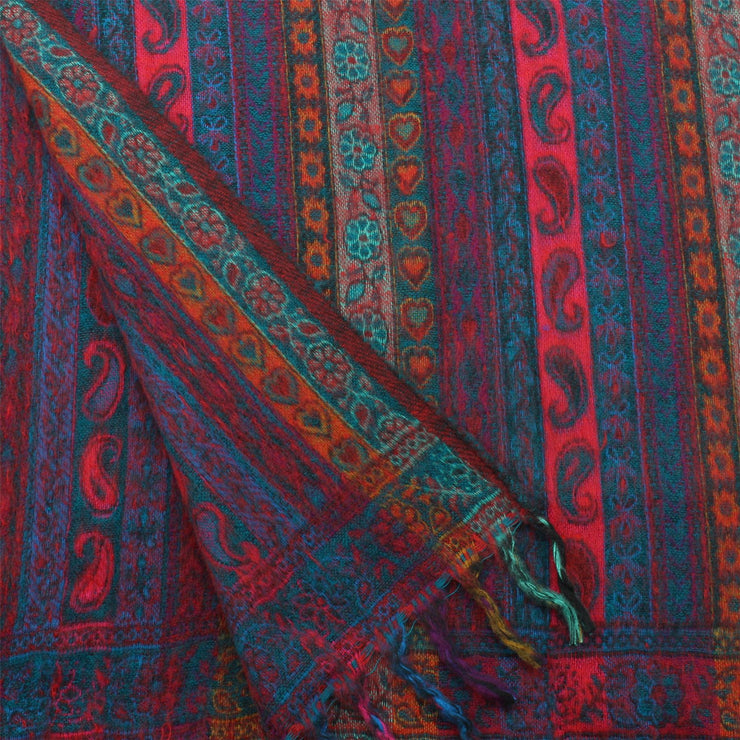 Acrylic Wool Shawl Blanket - Stripe - Teal & Red