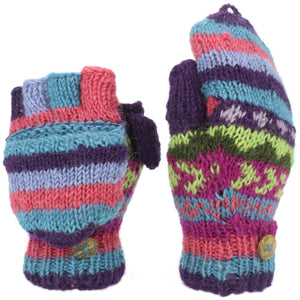 Chunky Wool Knit Fingerless Shooter Gloves - Chevron - Purple