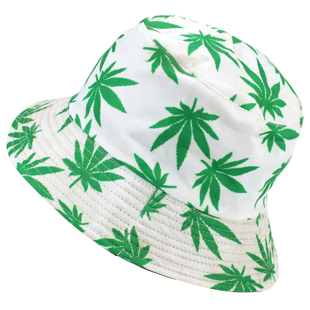Canvas Bucket Hat - White Green Ganja