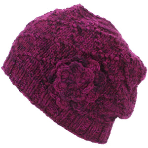 Acrylic Knit Flower Beanie Hat - Purple