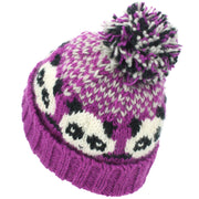 Wool Knit Bobble Beanie Hat - Panda - Pink White