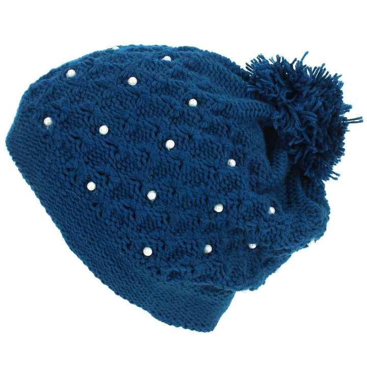 Pearl Lattice Bobble Beanie Hat - Blue
