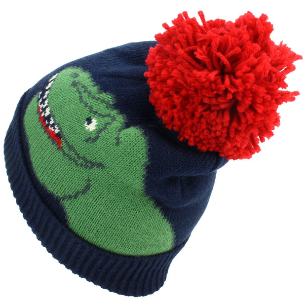 dinosaur Kids Bobble Beanie Hat - Navy