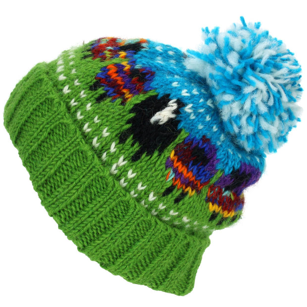 Chunky Wool Knit Beanie Bobble Hat with Sheep Design - Rainbow