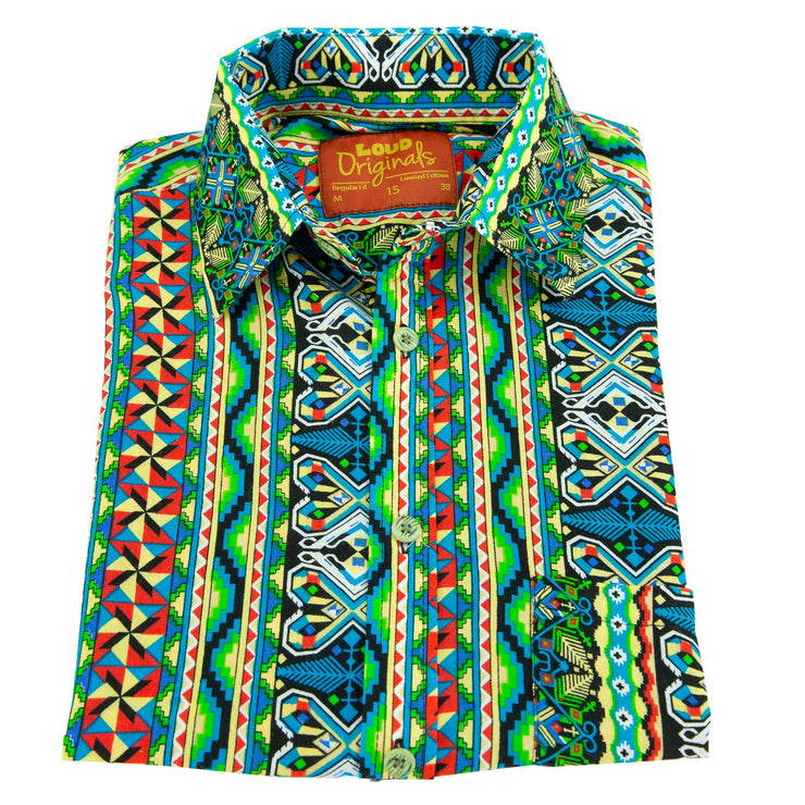 Regular Fit Short Sleeve Shirt - Geometric Aztec - Green