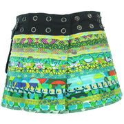 Reversible Popper Wrap Children's Size Mini Skirt - Green Patch Strips / Floral Oyster