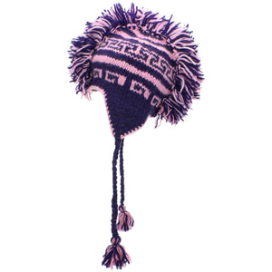 Wollgestrickte „Punk“-Mohawk-Mütze mit Ohrenklappen – lila-rosa Space-Dye