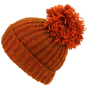 Wool Knit Beanie Bobble Hat - Flame Orange