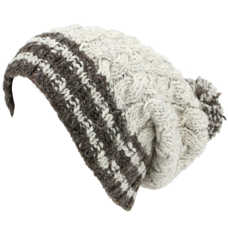 Chunky Wool Cable Knit Big Baggy Slouch Beanie Bobble Hat with Striped Brim - Off White