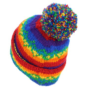 Hand Knitted Wool Beanie Bobble Hat - Stripe Rainbow Zig Zag