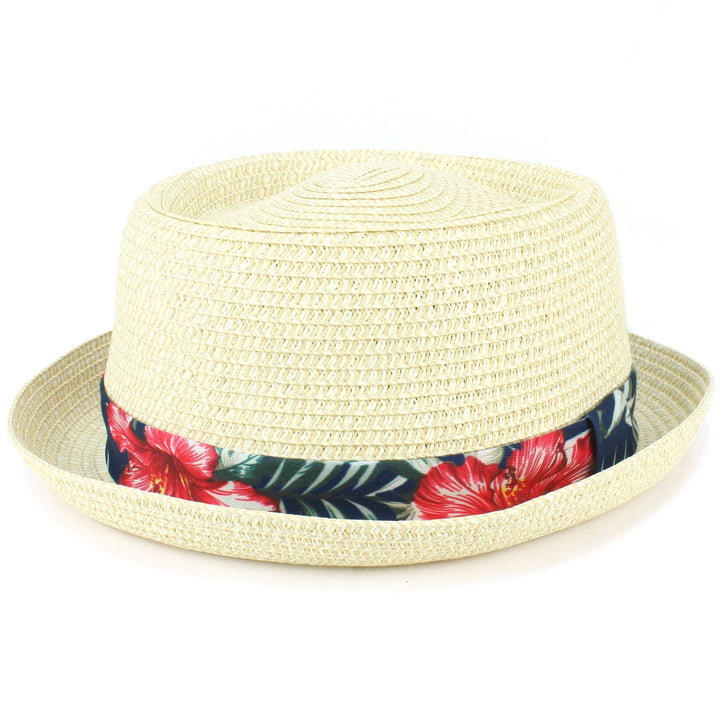Straw Porkpie Hat with Hawaiian Floral Band - White