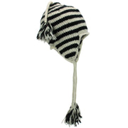 Wool Knit Earflap Tassel Hat - Stripe Cream Black