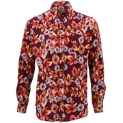 Tailored Fit Long Sleeve Shirt - Red & Pink Floral on Brown