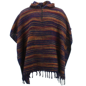 Hooded Square Poncho - Navy & Brown