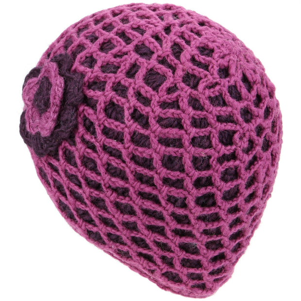 Ladies Wool Knit Crochet Lattice Beanie Hat with Flower - Pink