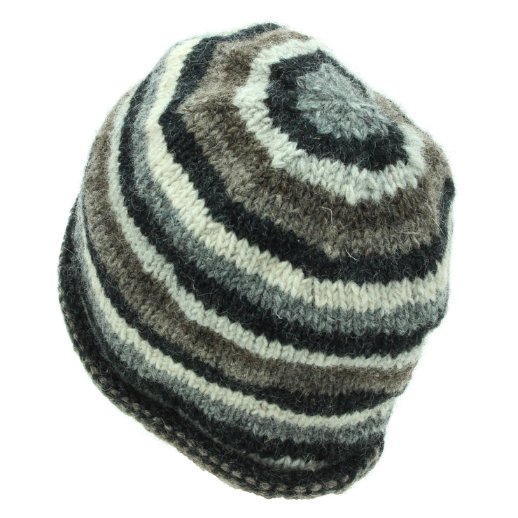 Hand Knitted Wool Beanie Hat - Stripe Natural