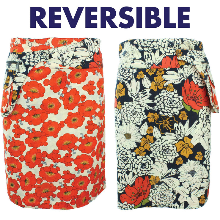 Reversible Popper Wrap Knee Length Skirt - Floral / Japanese Floral