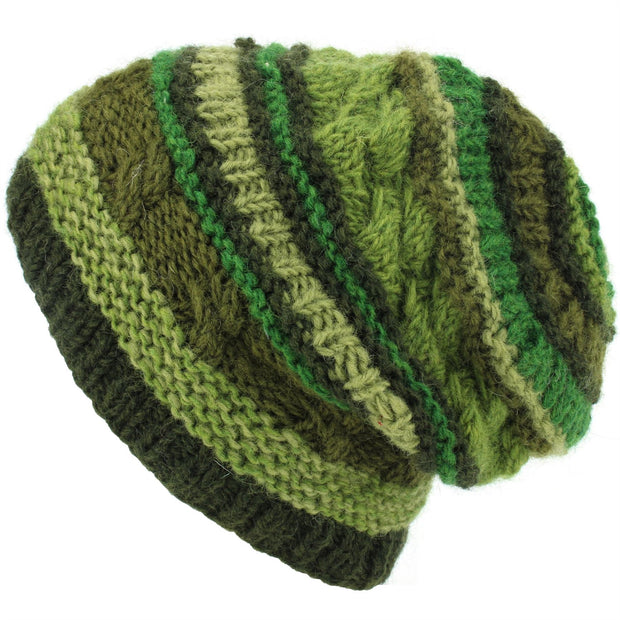 Wool Knit Beanie Hat - Stripe Green