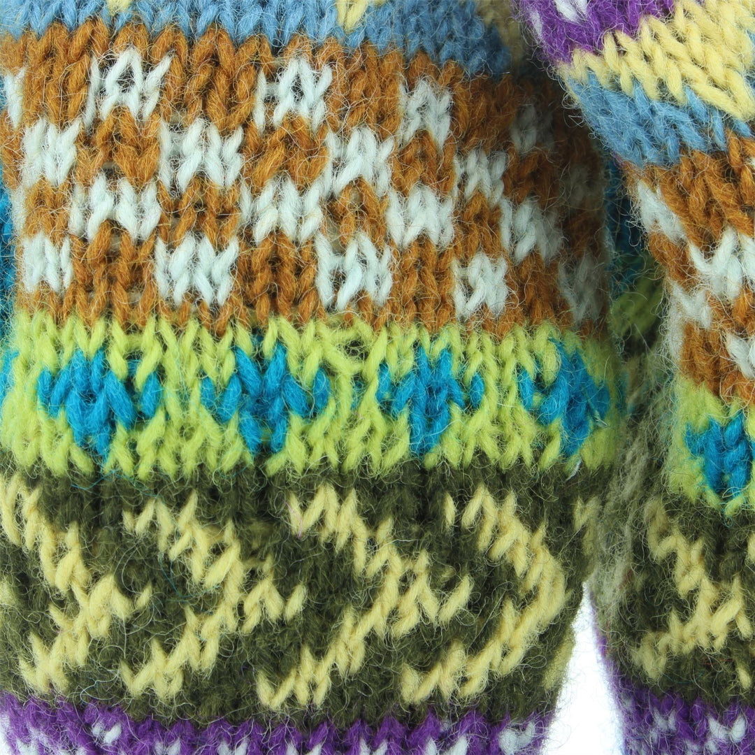 Chunky Wool Knit Mittens - Chevron - Blue