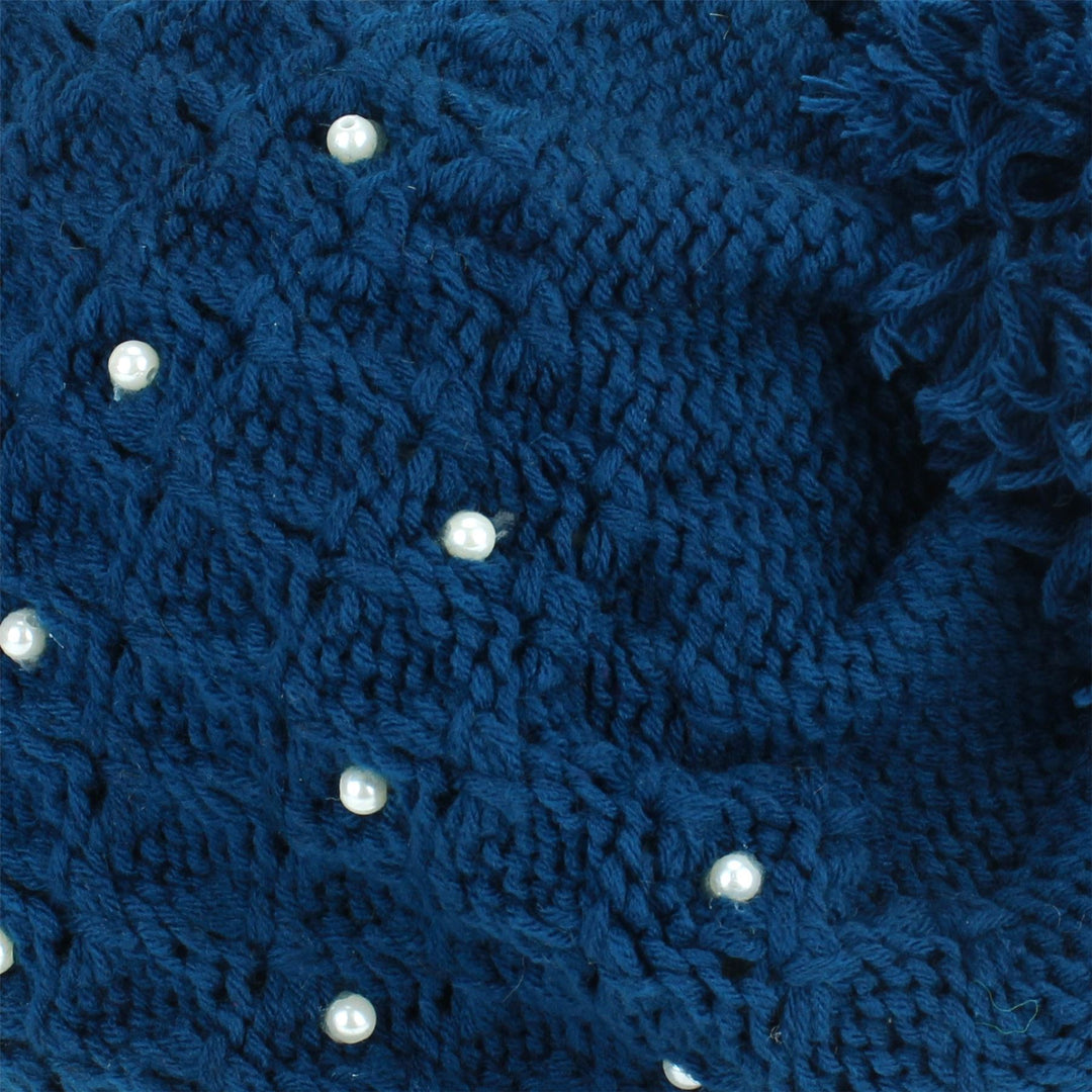 Pearl Lattice Bobble Beanie Hat - Blue