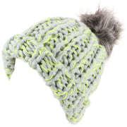 Chunky acrylic knit beanie hat with faux fur bobble - Grey & Green