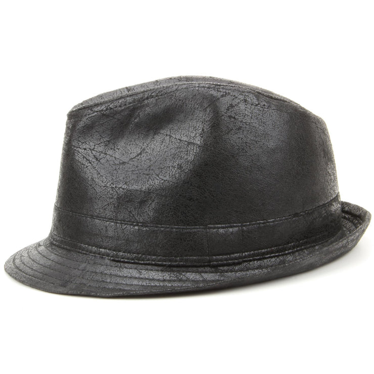 Vintage Effect Cracked Leather Trilby Hat - Black