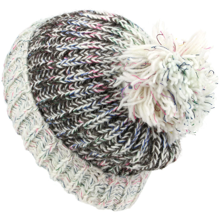 Chunky Wool Knit Baggy Slouch Beanie Hat with Contrast Turn-up and Bobble - Off White