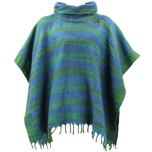 Hooded Square Poncho - Green & Blue