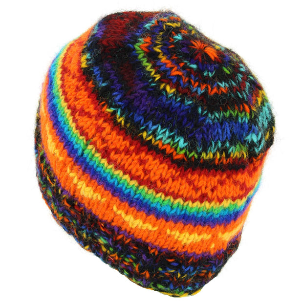 Hand Knitted Wool Beanie Hat - SD Black Rainbow Orange
