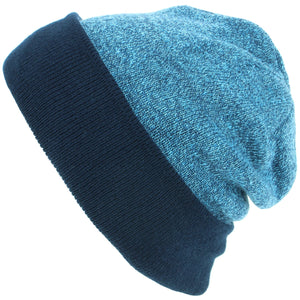 Fine Knit Marl Beanie Hat with Navy Turn-up - Blue