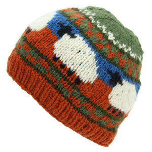 Bonnet en laine tricoté main - mouton orange vert