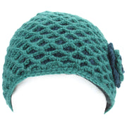 Ladies Wool Knit Crochet Lattice Beanie Hat with Flower - Teal & Green