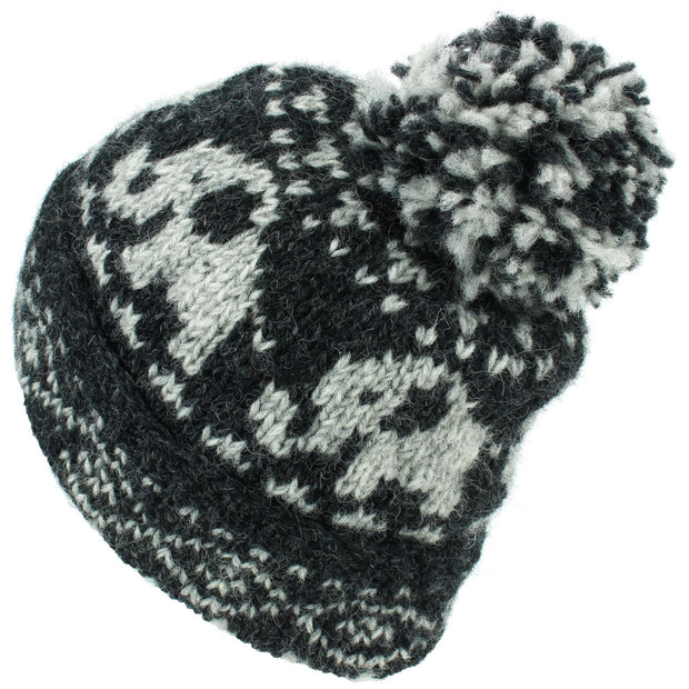 Wool Knit Bobble Beanie Hat - Charcoal Pattern
