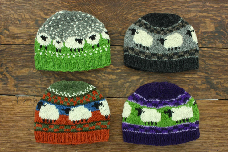 Hand Knitted Wool Beanie Hat - Sheep Purple Green