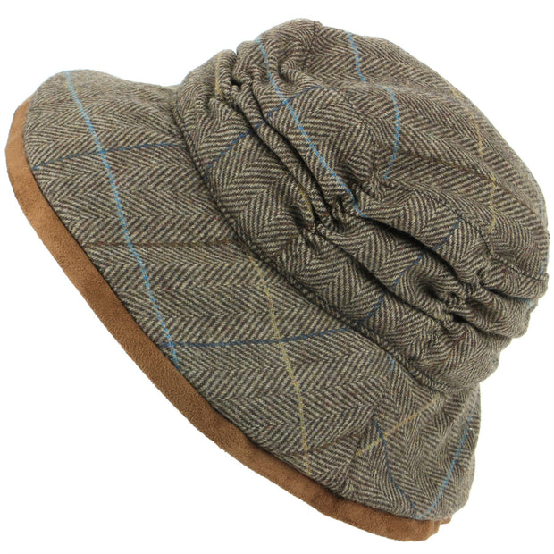 Ladies Wool Tweed Herringbone Cloche Hat - Brown