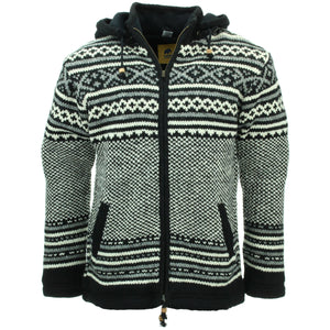 Cardigan veste à capuche en laine tricotée à la main - charbon de bois fairisle