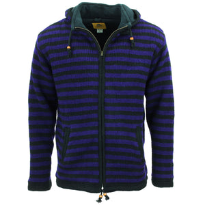 Cardigan veste à capuche en laine tricotée à la main - rayure violet noir