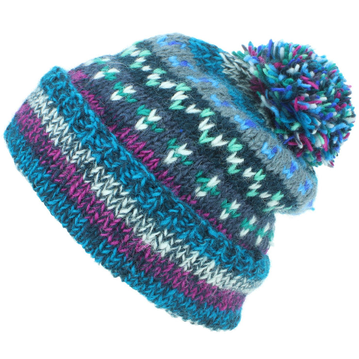 Chunky Wool Knit Abstract Pattern Beanie Bobble Hat - 17 Blue