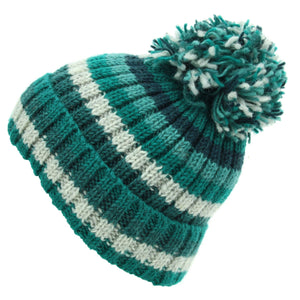 Chapeau de pompon de bonnet de laine tricoté à la main - sarcelle à rayures