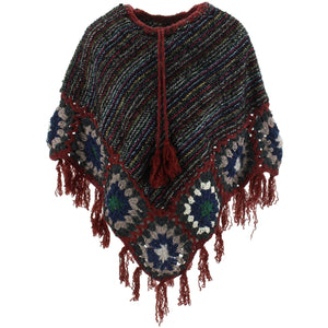 Granny Squares Crochet Poncho Short - Black Multi/Maroon