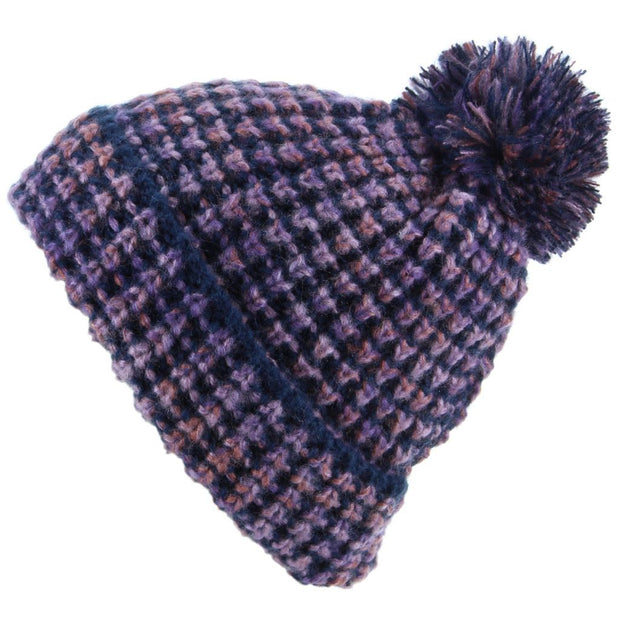 Chunky Knit Beanie Bobble Hat - Purple & Navy